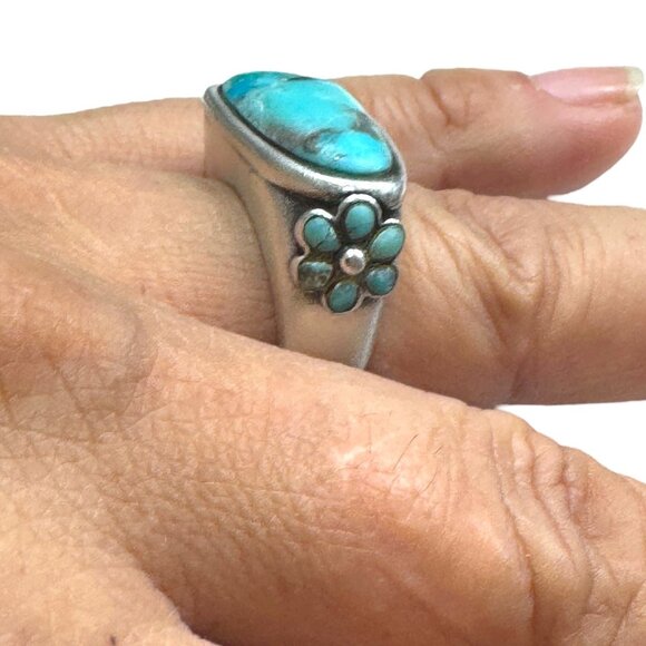 Vintage Barse 925 Sterling Silver Turquoise Ring Size 8 With Floral Side Detail - Picture 3 of 11